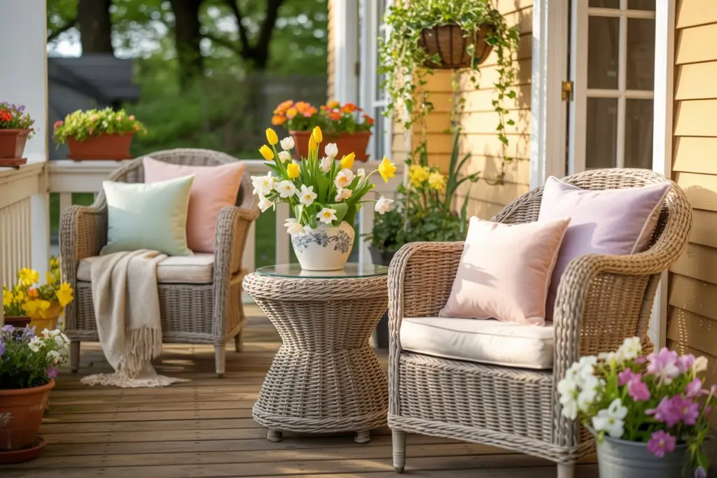 Pastel throw pillows decorating porch seating