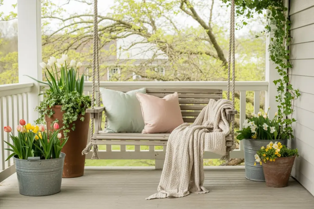 Wooden porch swing decorated with pillows