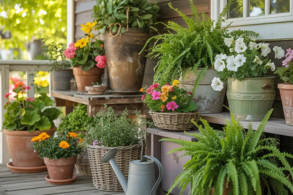 Spring porch decorated with potted plants and flowers