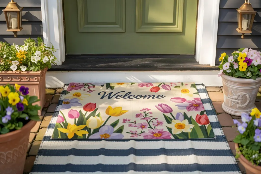 Spring themed welcome mat on porch entrance