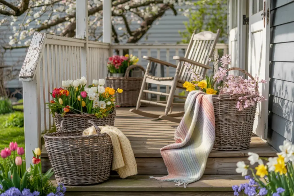 20 Spring Porch Decor Refresh Ideas In 2026 19 Decorative baskets with flowers on porch