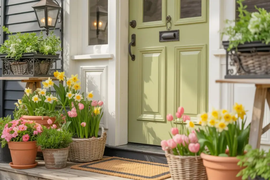 Pastel colored front door on spring decorated porch