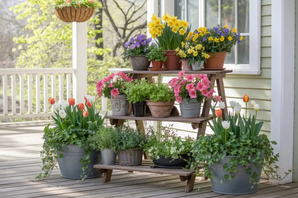 20 Spring Porch Decor Refresh Ideas In 2026 18 Tiered plant stand filled with flowers and plants on a spring porch, bright natural sunlight