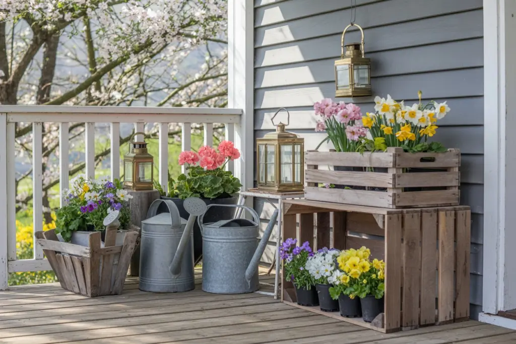 Vintage decor items on rustic spring porch