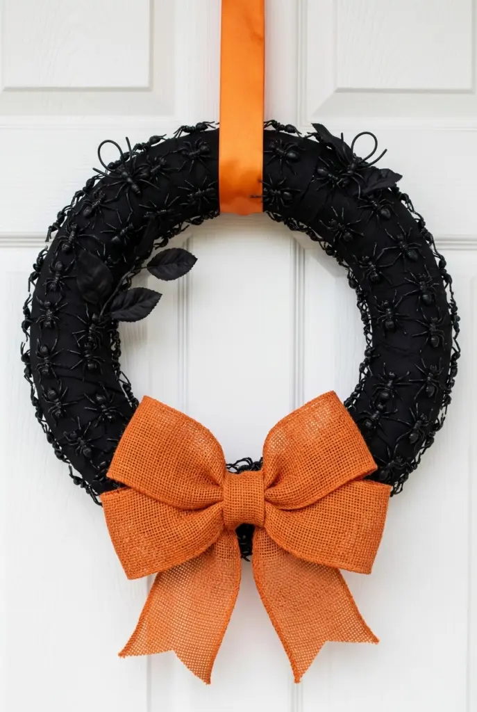Black Halloween Wreath With Orange Bow