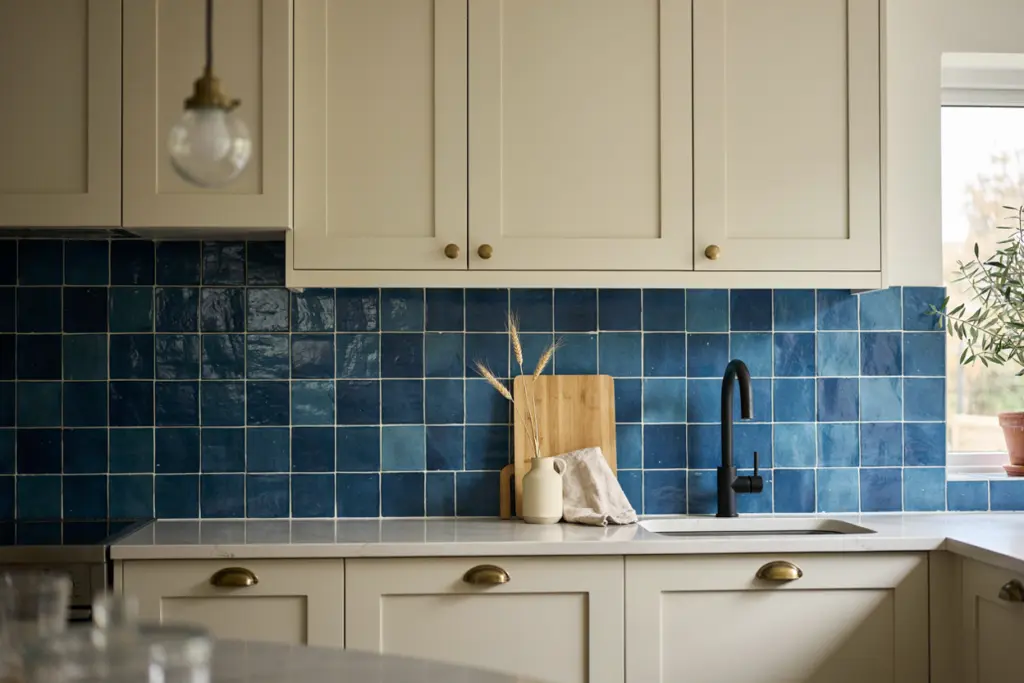 Blue Backsplash With Neutral Cabinets