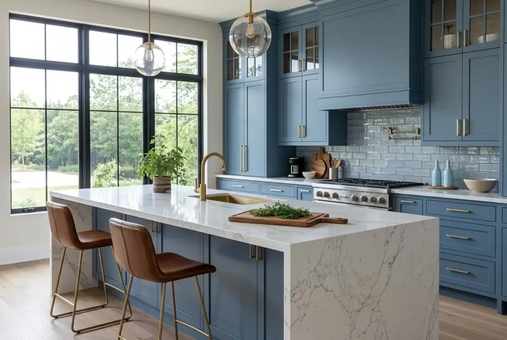 Blue Kitchen With Marble Countertops