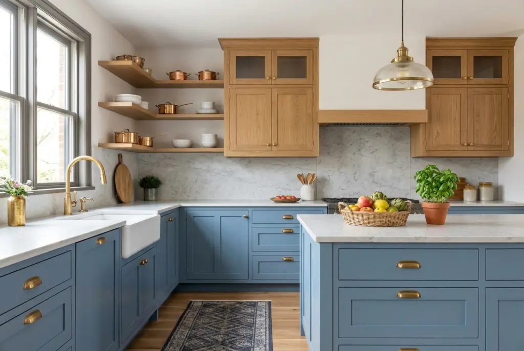 Blue Lower Cabinets With Natural Wood Uppers