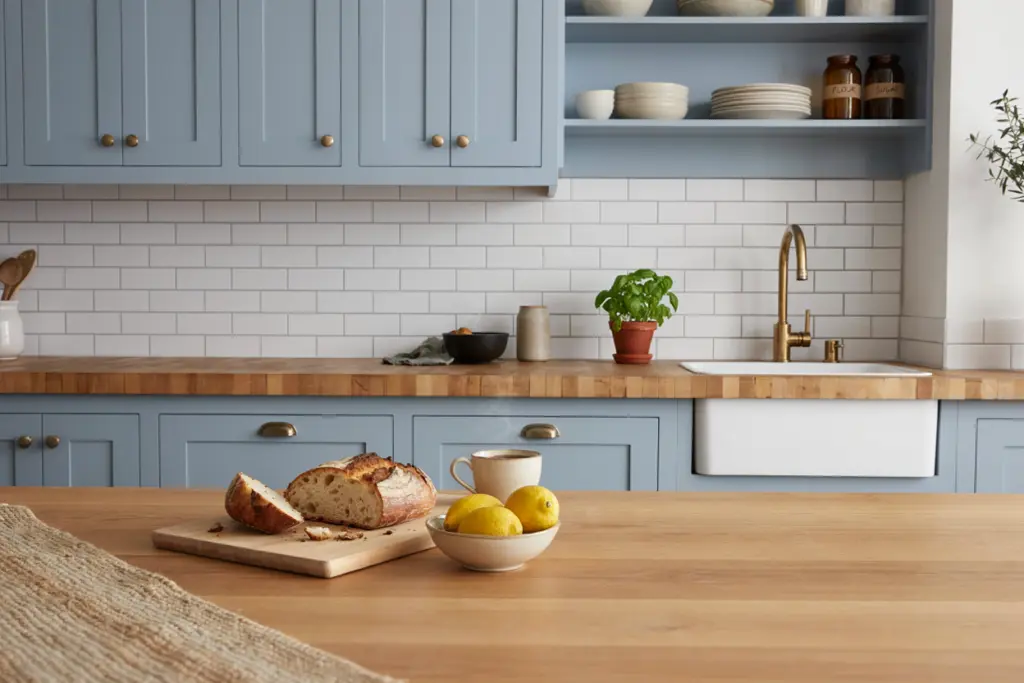 Blue cabinets with wood countertops 