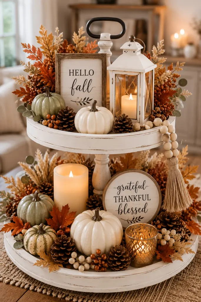 Tiered Tray Fall Decor Ideas 15 Candlelit Autumn white Tiered Tray