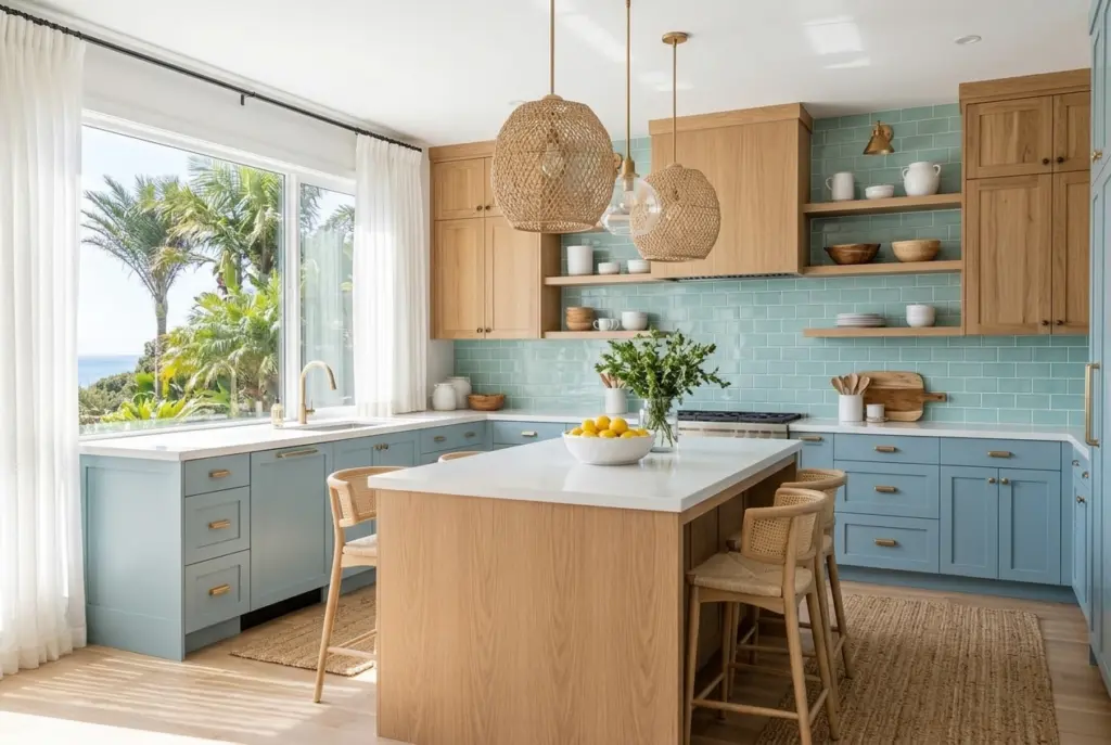 Coastal Blue Kitchen With Light Oak
