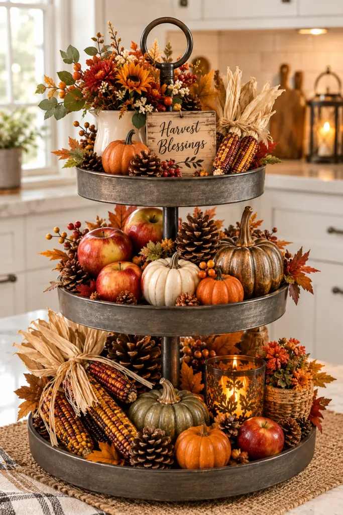 Tiered Tray Fall Decor Ideas 21 Corn, Pinecone and Apple Tiered Tray