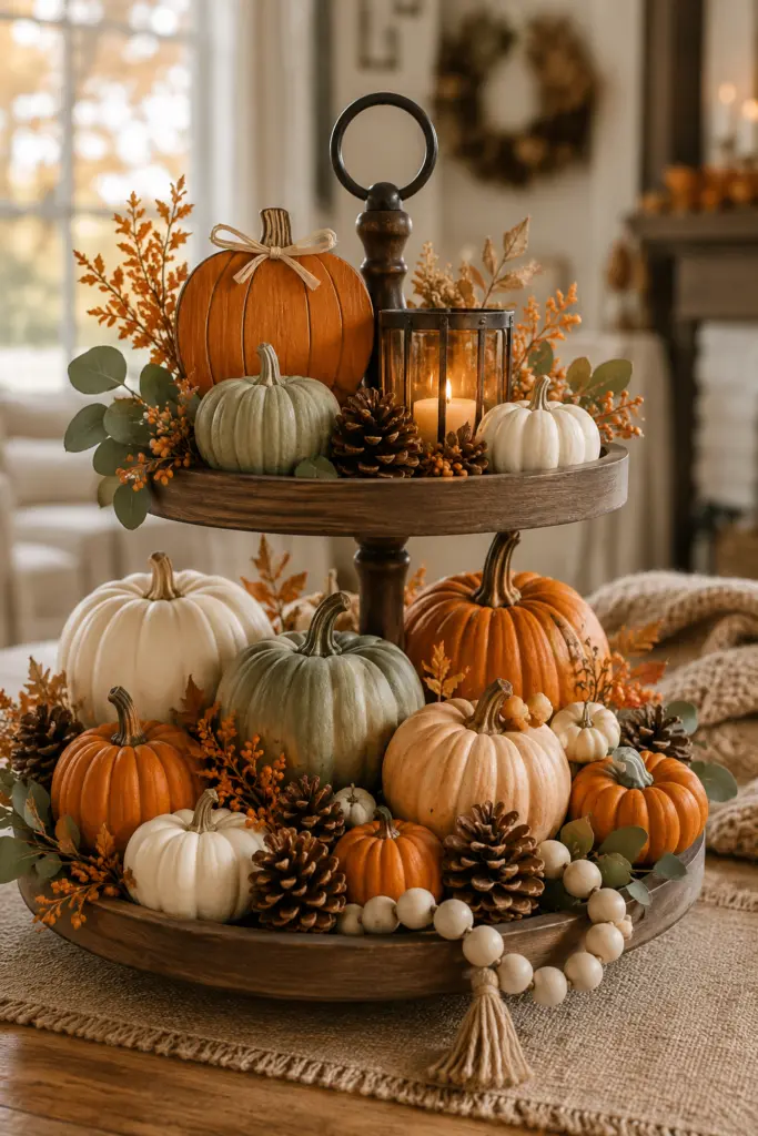 Tiered Tray Fall Decor Ideas 2 Classic Pumpkin Tiered Tray Fall Decor