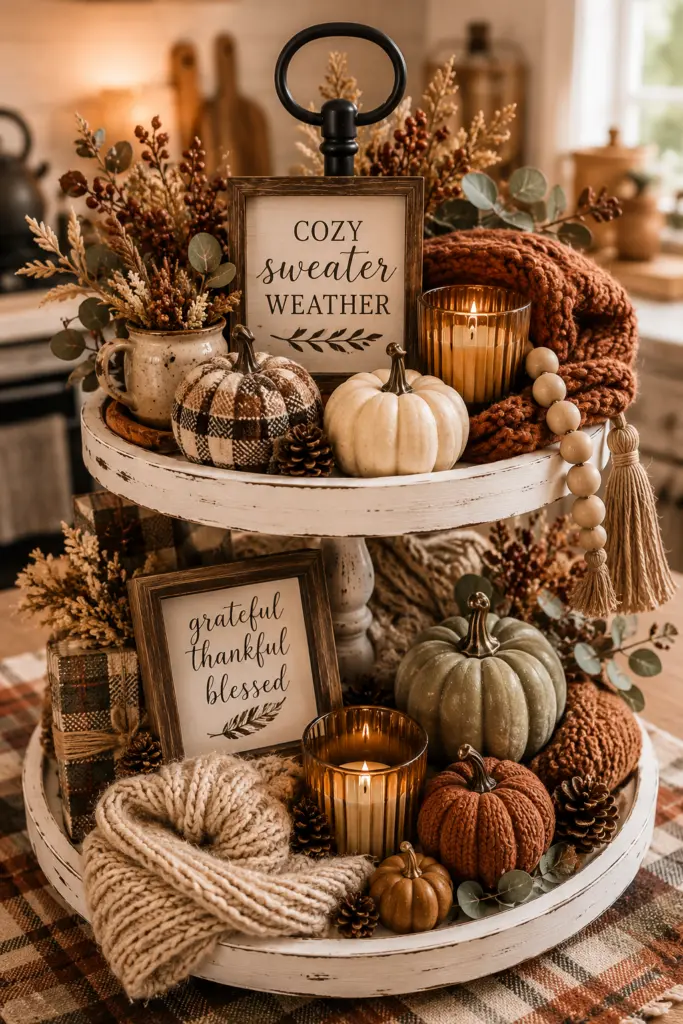 Tiered Tray Fall Decor Ideas 16 Cozy Sweater-Inspired tiered tray fall decor