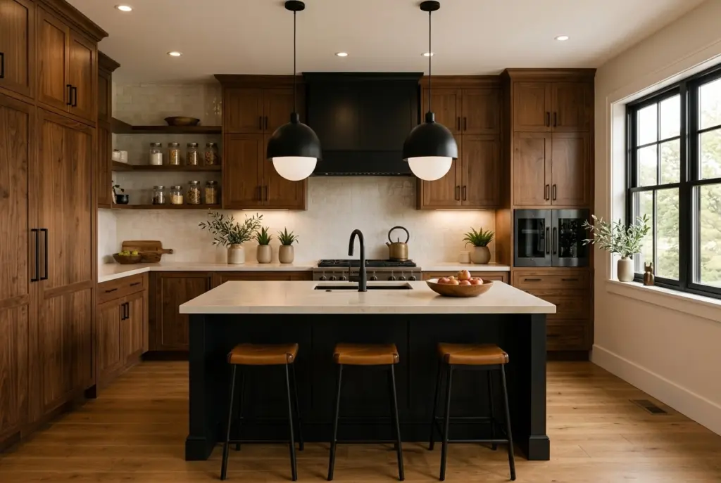 Dark Wood Kitchen With Black Accents