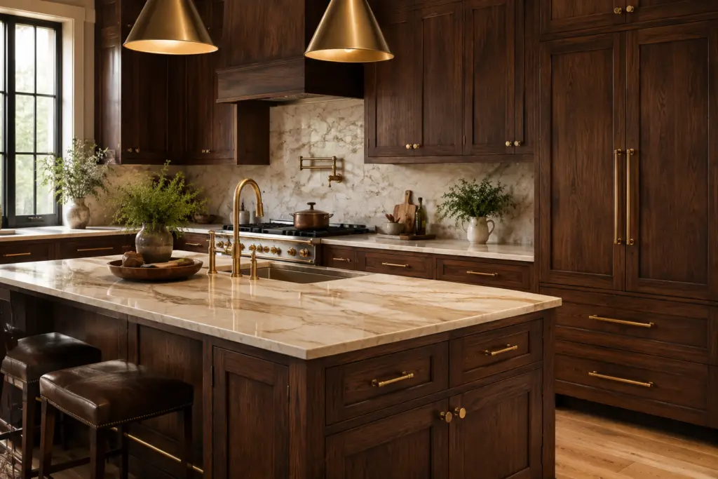 Dark Wood + Warm Brass Hardware