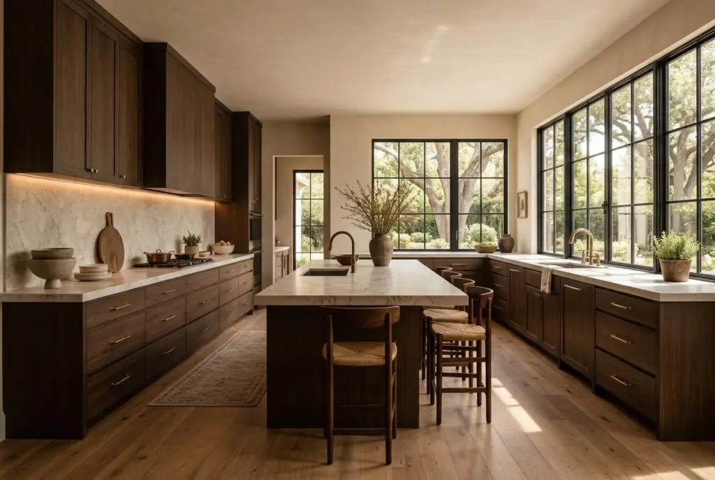 Dark Wood kitchen with  Warm Wood Flooring