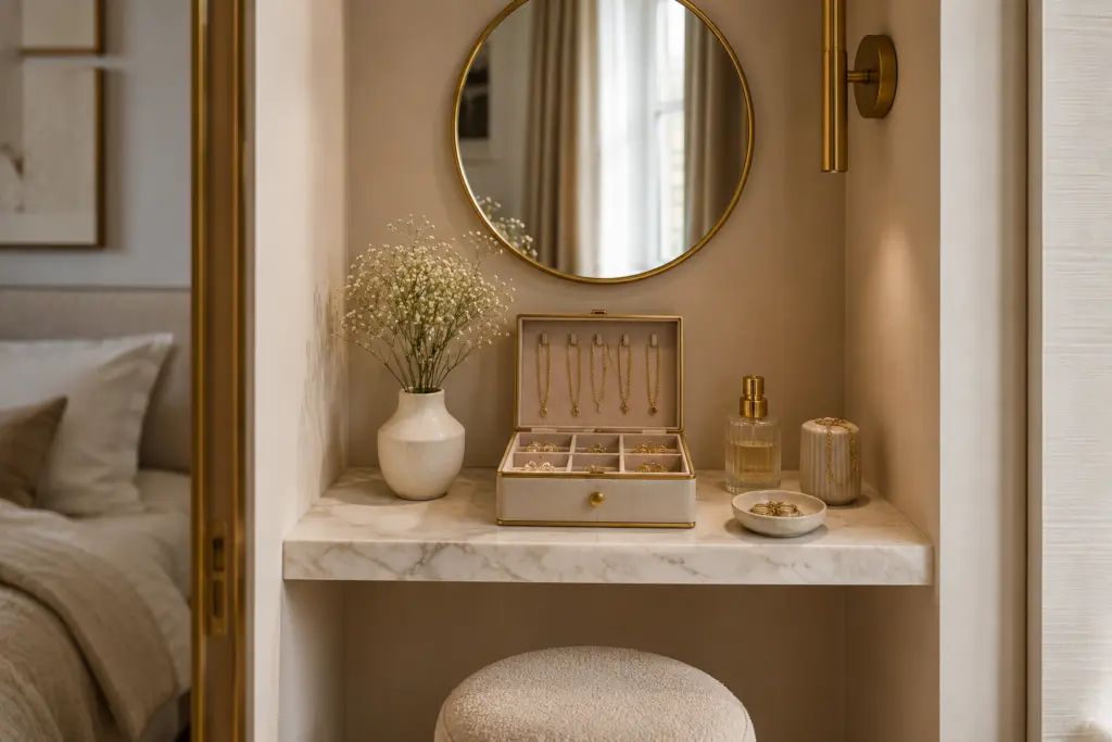 Tiny Jewelry Nook With a Marble or Stone Shelf