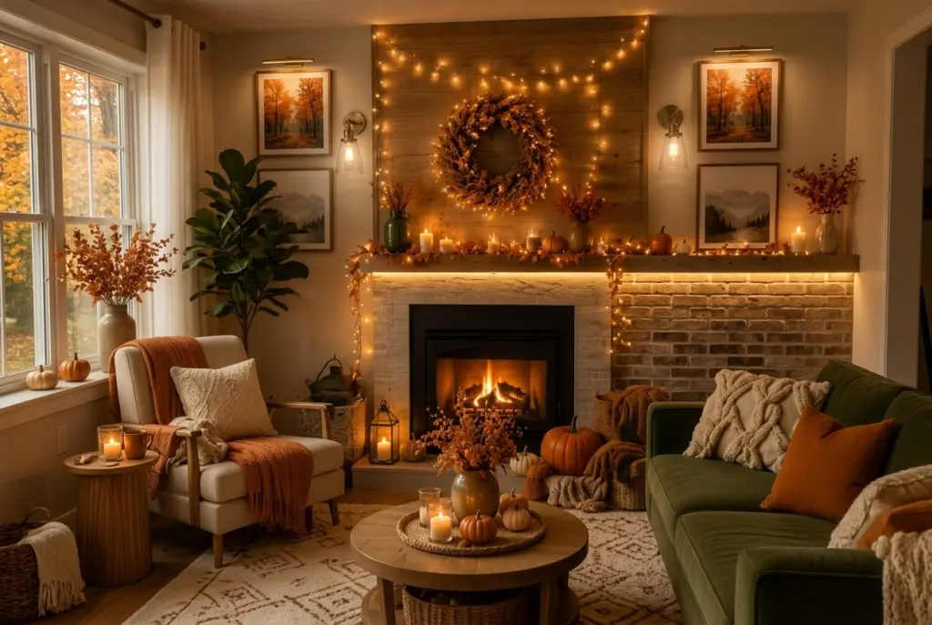 Cozy Living Room Lighting Ideas for Fall 2026 8 Fall Fireplace With Soft Accent Lighting