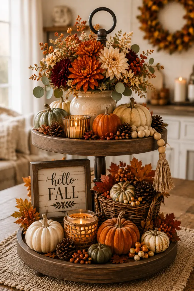 Tiered Tray Fall Decor Ideas 11 Fall Floral Tiered Tray