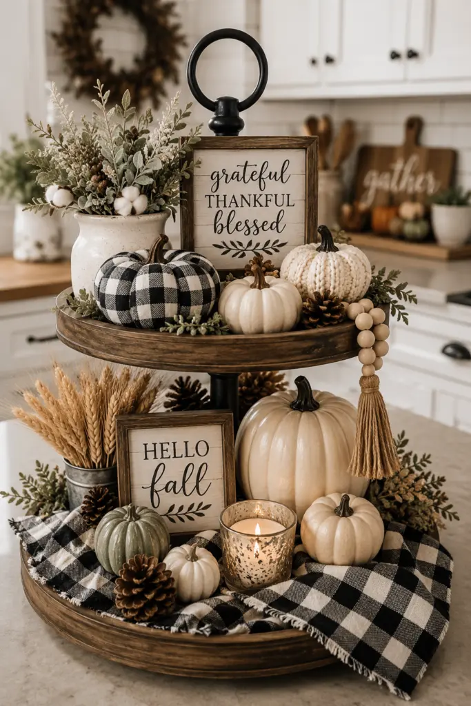 Tiered Tray Fall Decor Ideas 13 Farmhouse Buffalo Check Tray