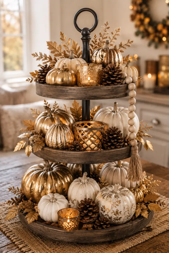 Tiered Tray Fall Decor Ideas 9 Gold and Pumpkin Tiered Tray Fall Decor