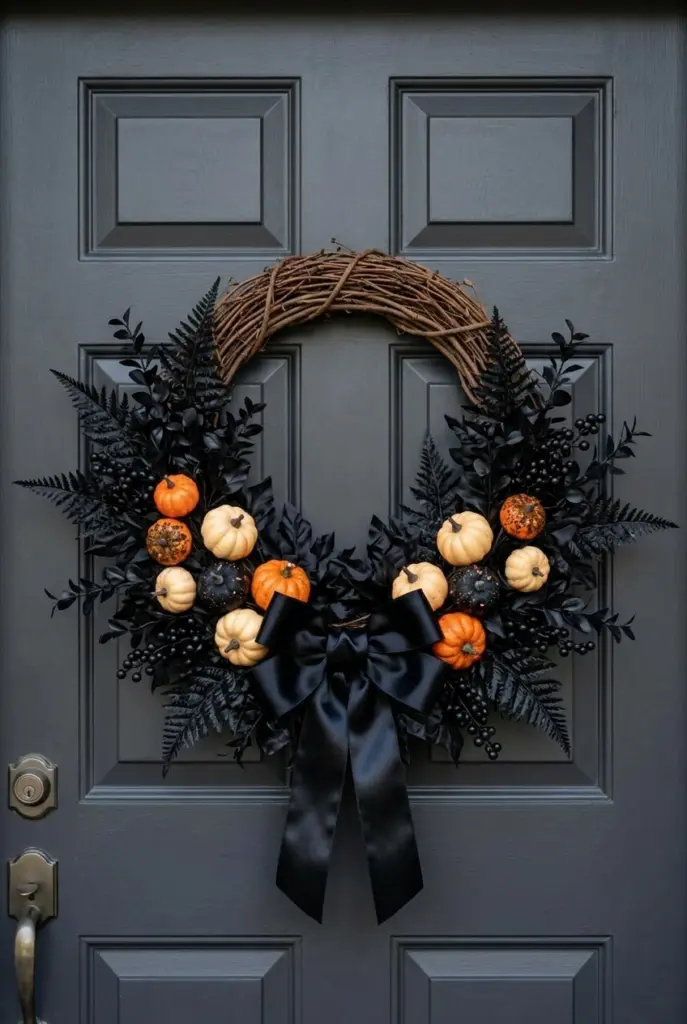Mini Pumpkin and Black Bow Wreath
