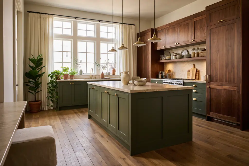 Mix Dark Wood Kitchen With Deep Green Cabinets