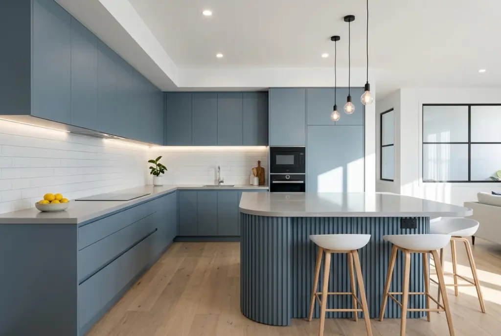 Modern Blue Kitchen With Sleek Cabinets