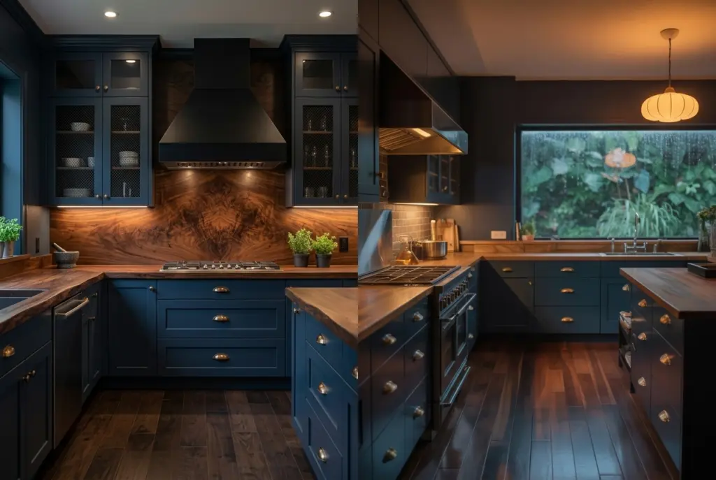 Moody Blue and Dark Wood Moody kitchen