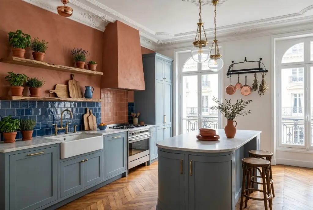 Muted blue Cabinets and Terracotta