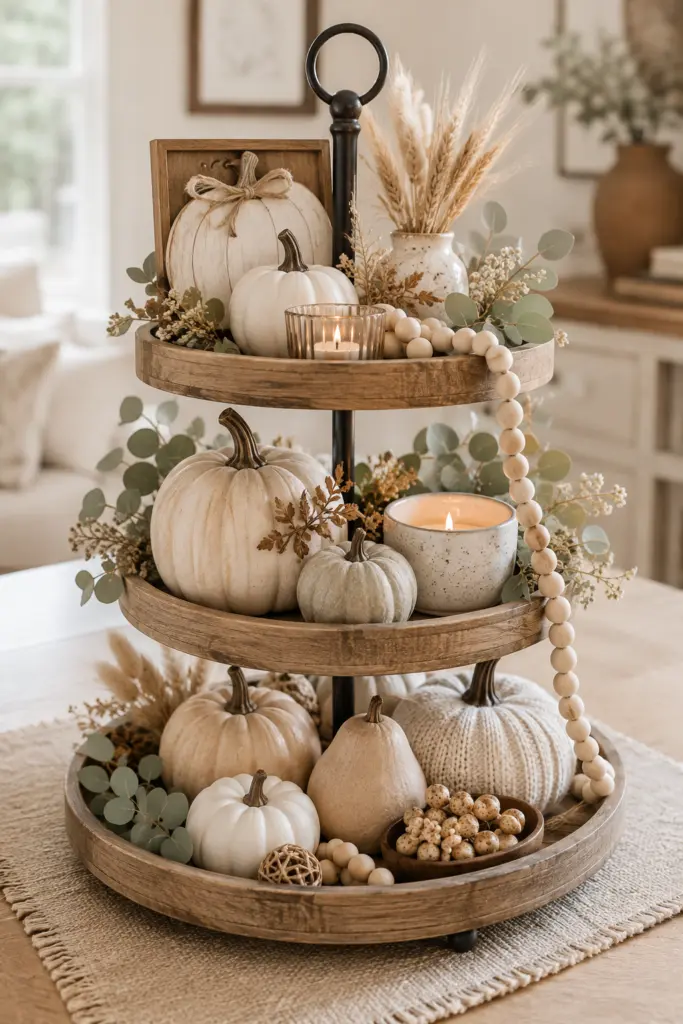 Tiered Tray Fall Decor Ideas 4 Neutral Tiered Tray Fall Decor