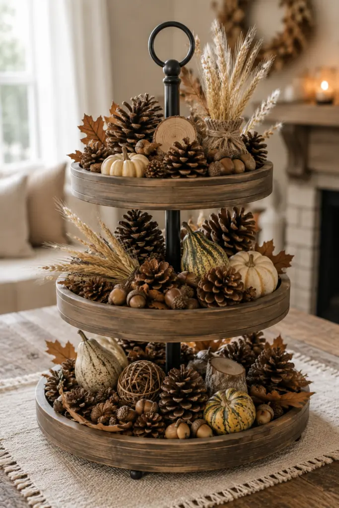 Tiered Tray Fall Decor Ideas 6 Pinecone and Natural Elements Display