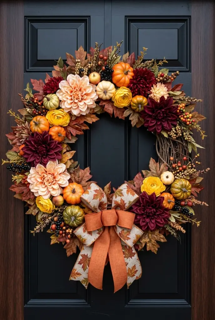 Pumpkin and Fall Flower Wreath