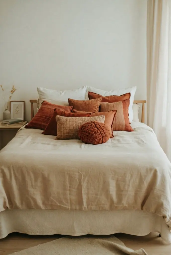 Fall Bedroom Decor Ideas in 2026 3 Rust-Colored Throw Pillows