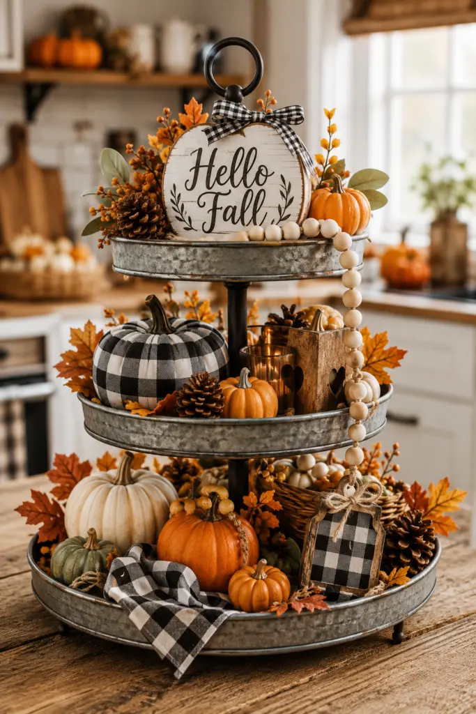 Tiered Tray Fall Decor Ideas 3 Rustic Farmhouse tiered tray fall decor