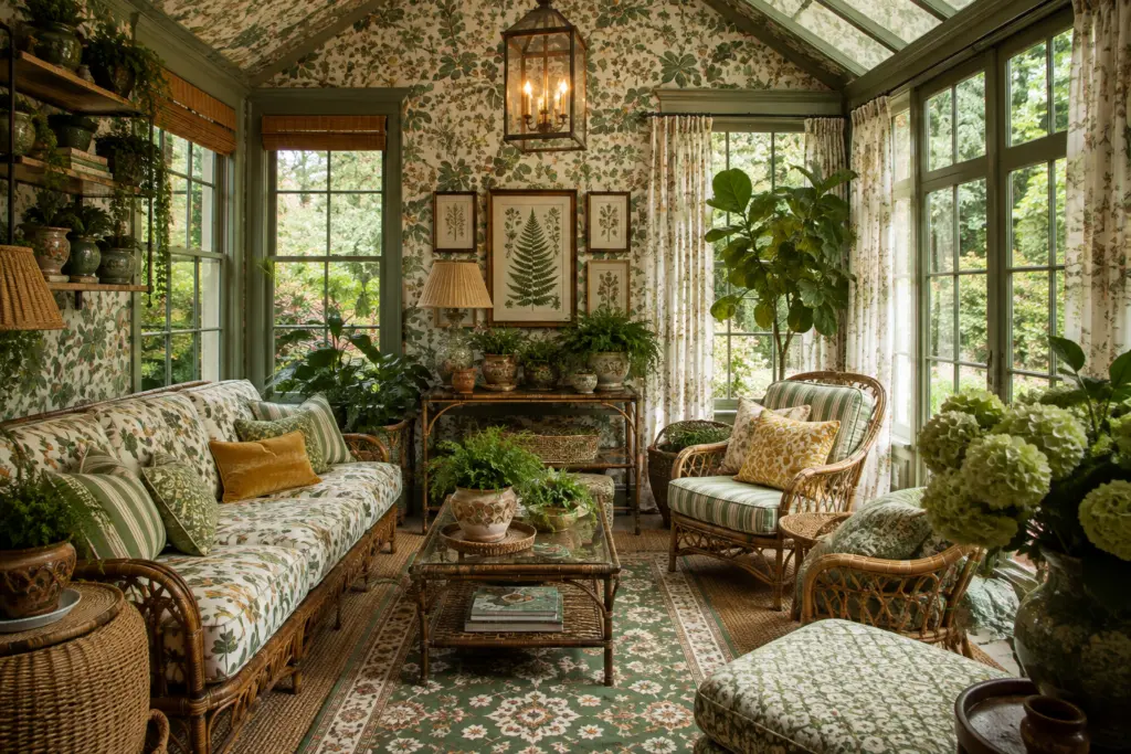 Pattern Drenching: 15 Rooms That Wrap Color & Print Everywhere 13 Sunlit Botanical Vintage Sunroom