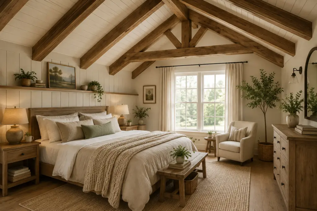 Scandinavian farmhouse bedroom with exposed ceiling beams
