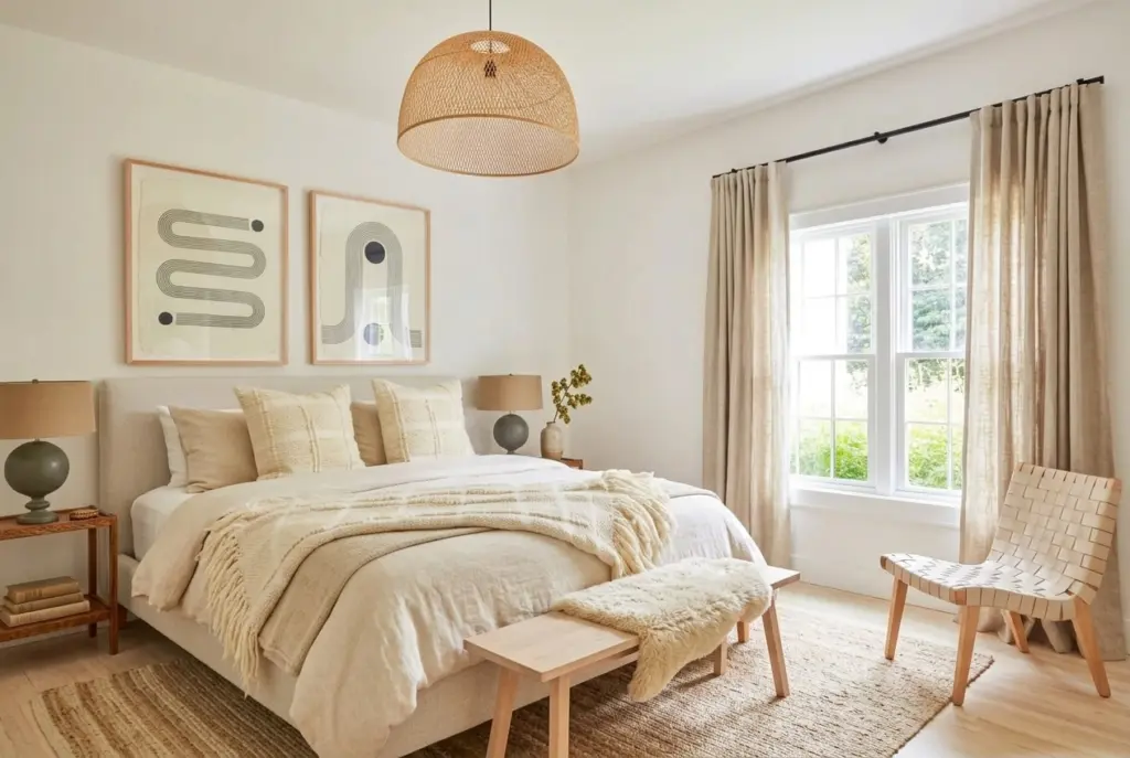 Scandinavian farmhouse bedroom with warm white walls
