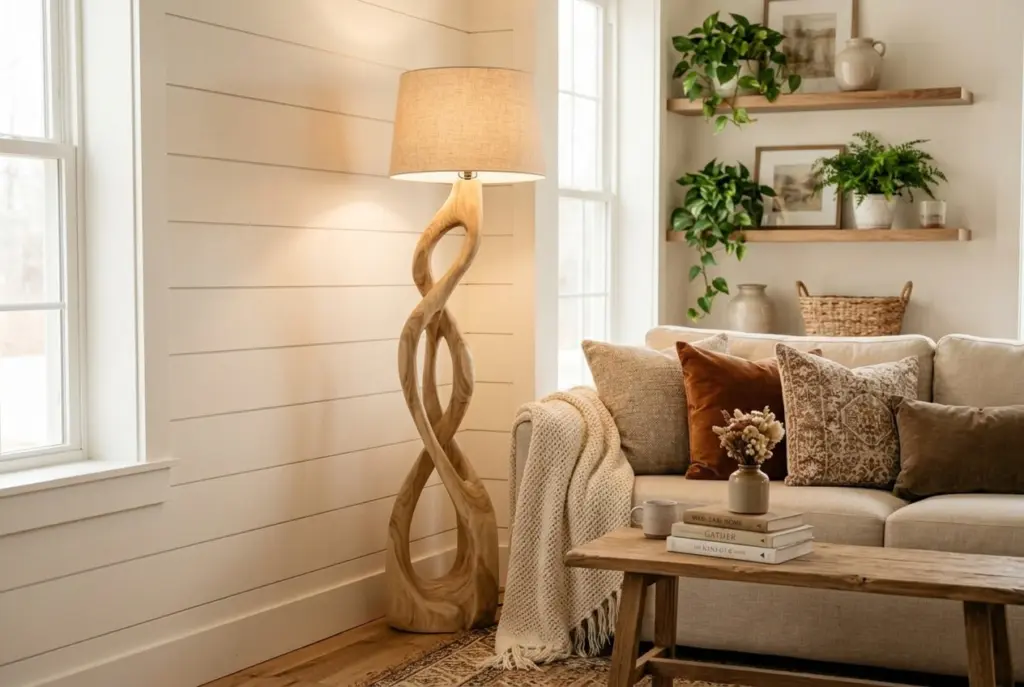 Cozy Living Room Lighting Ideas for Fall 2026 4 Sculptural Floor Lamp Beside the Sofa