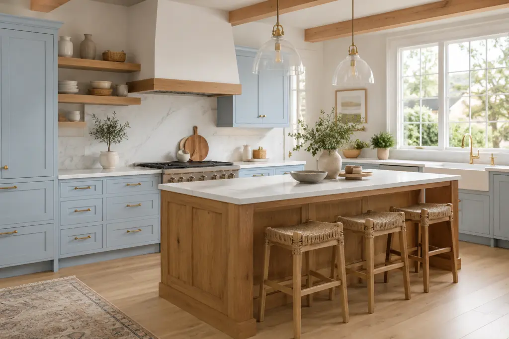 Cool Blue Kitchen With Warm Wood