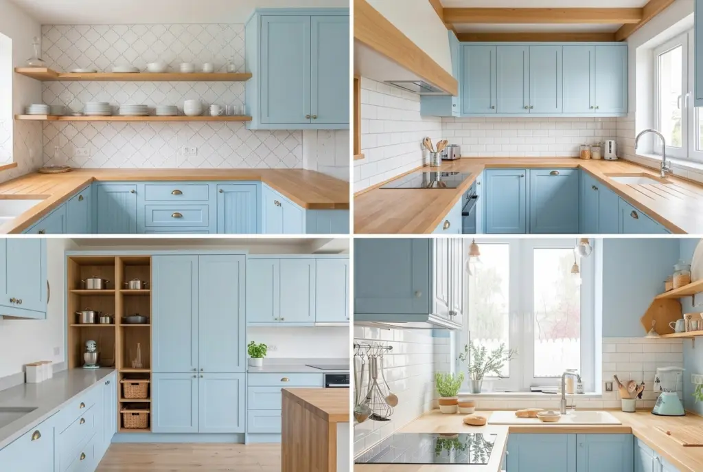 Small Kitchen With Light Blue Cabinets