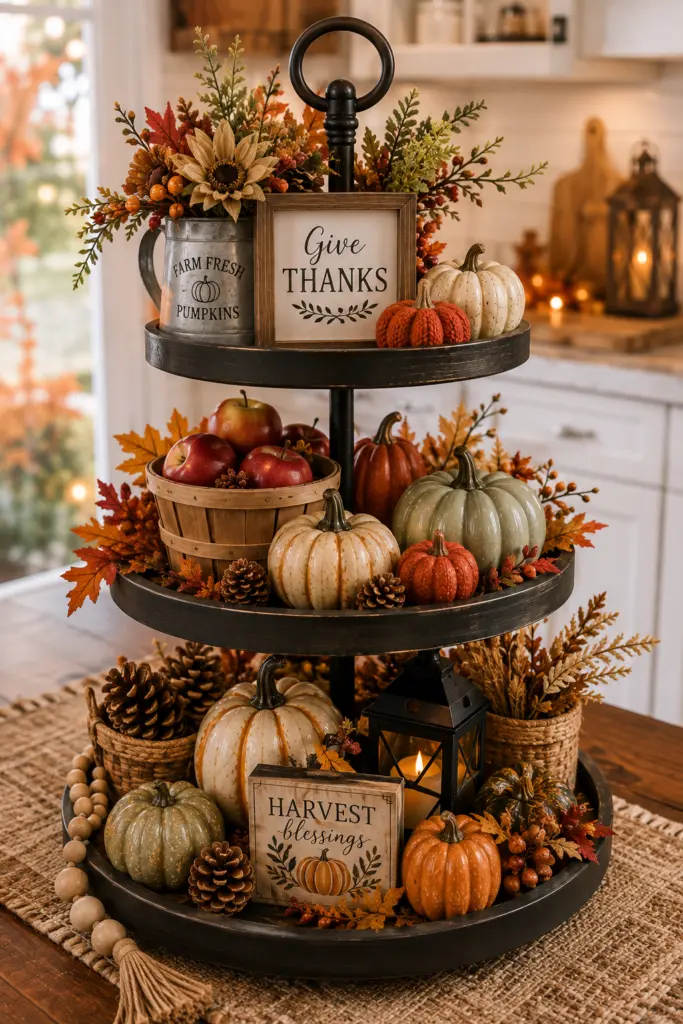 Tiered Tray Fall Decor Ideas 20 Three-Tier Harvest Tray