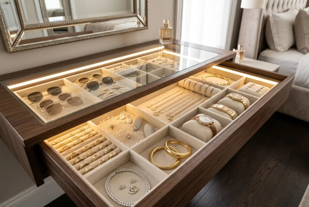 Velvet Drawer Jewelry Box Under a Floating Vanity