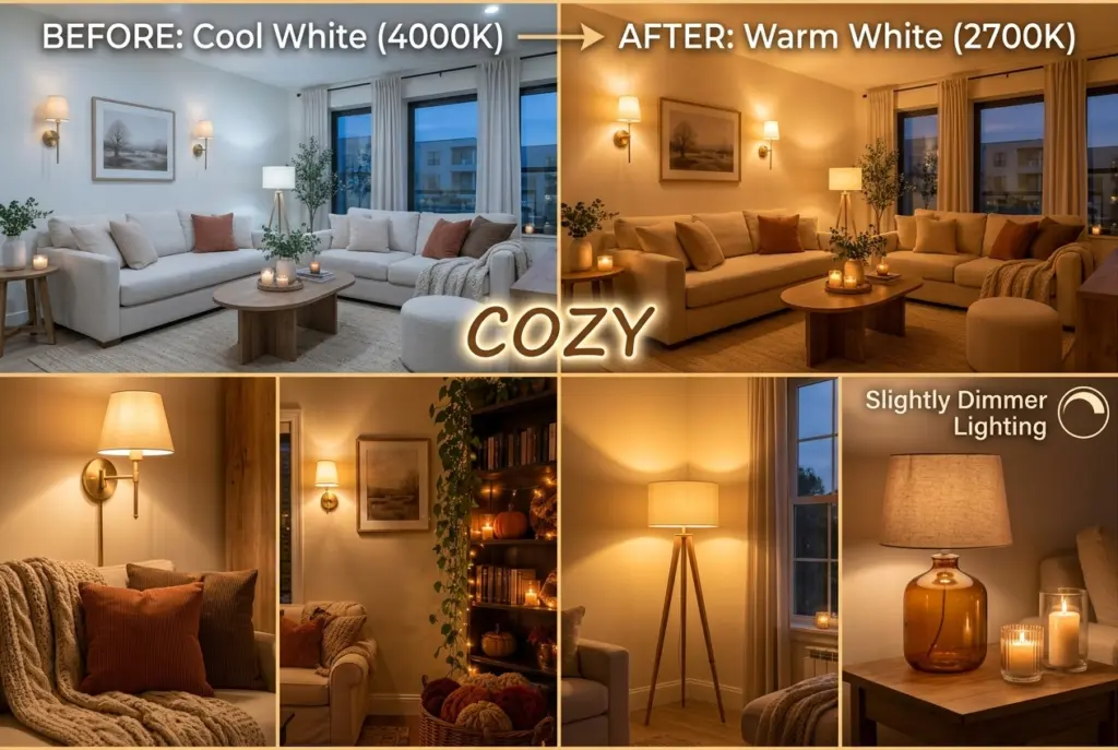 Cozy Living Room Lighting Ideas for Fall 2026 2 Warm White Lighting for a Cozy Fall Atmosphere