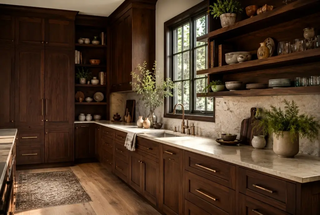Warm dark walnut kitchen with floor-to-ceiling dark wood cabinetry