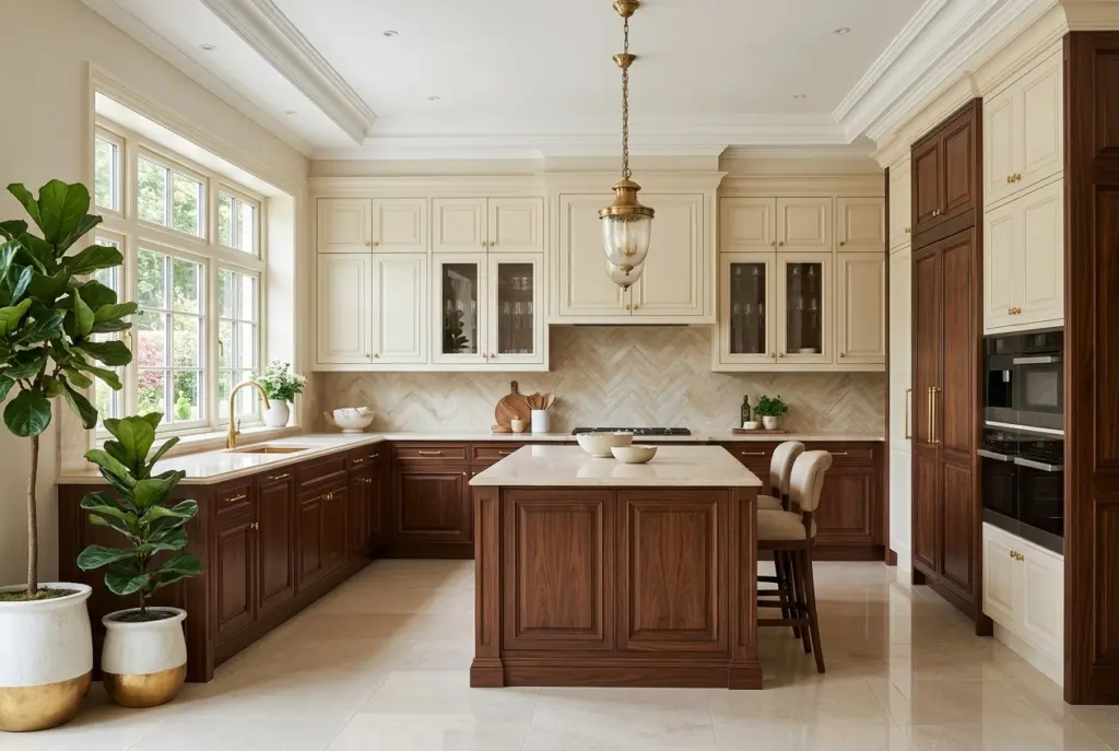 Dark Wood With Cream Cabinets