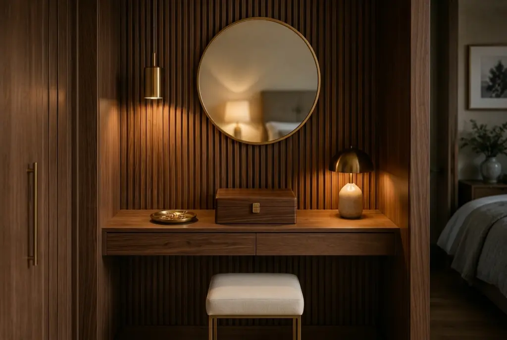 jewelry box nook with a beautiful fluted oak wood accent wall