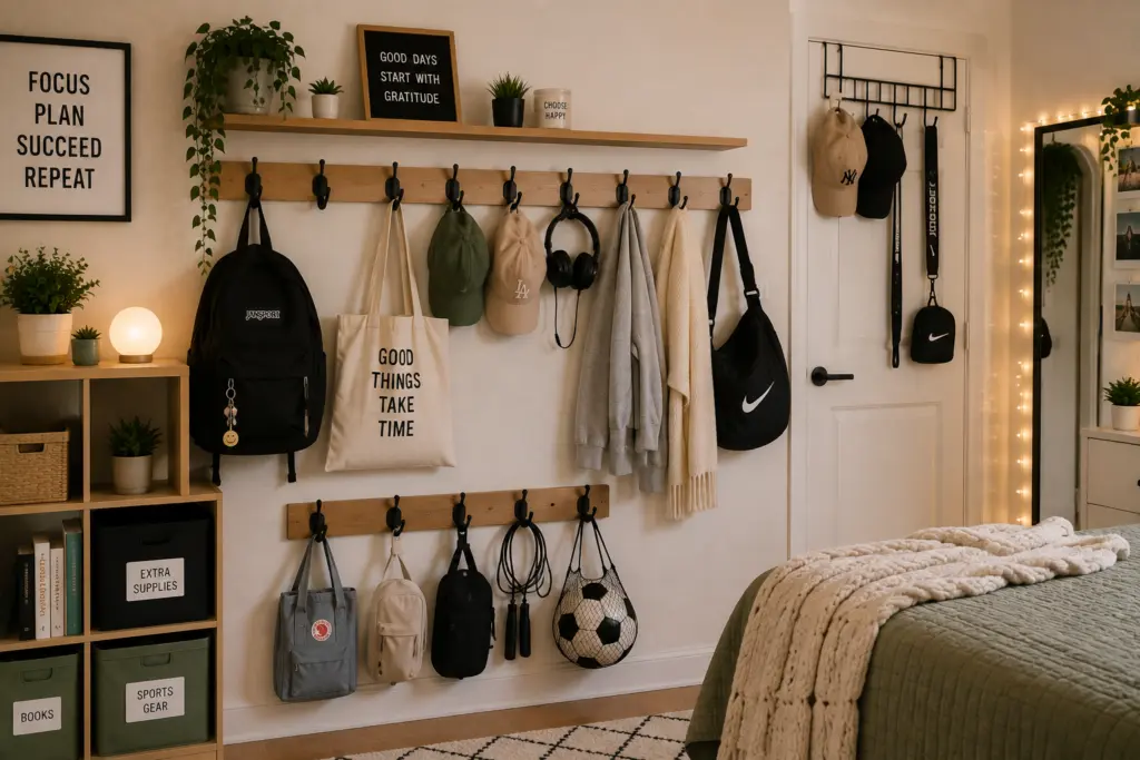Teenage Bedroom Storage Ideas for Homework, Clothes & Hobbies 17 Use Wall Hooks for Bags, Hats, and Accessories