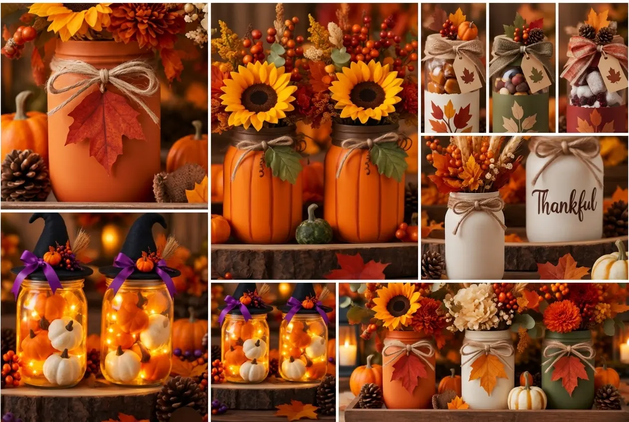 25+ DIY Fall Mason Jar Crafts (Easy Step-by-Step ) 1 A collage of DIY Fall Mason Jar Crafts Ideas